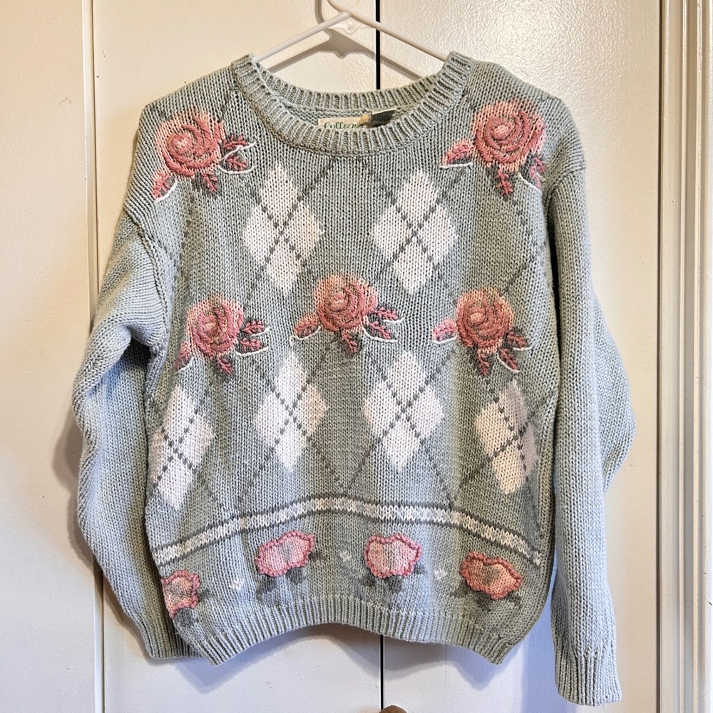 Vintage Colleen Scott Argyle Rose Sweater Womens M Floral Cottagecore